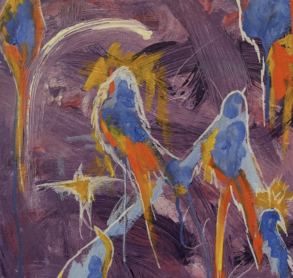 Abstraktes Gemälde in Violett, Blau und Orange